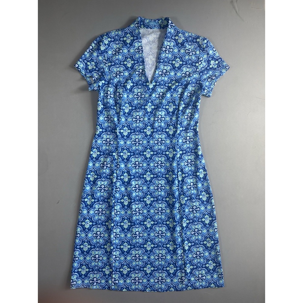 J. McLaughlin Women's Short Sleeve Blue Geometric V Neck Catalina Cloth Dress, M